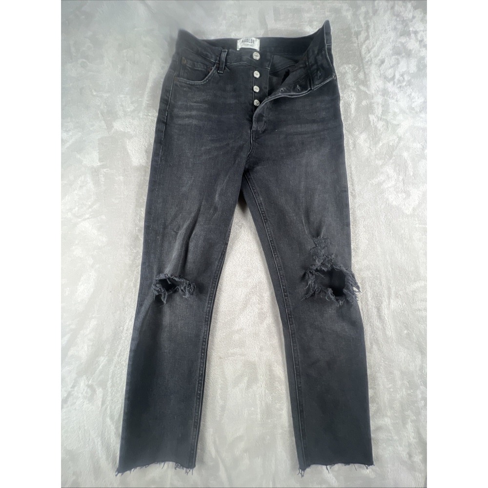AGOLDE 90'S Jean Button-Fly High Rise Straight Leg Destroye Black Faded Sz 26x24
